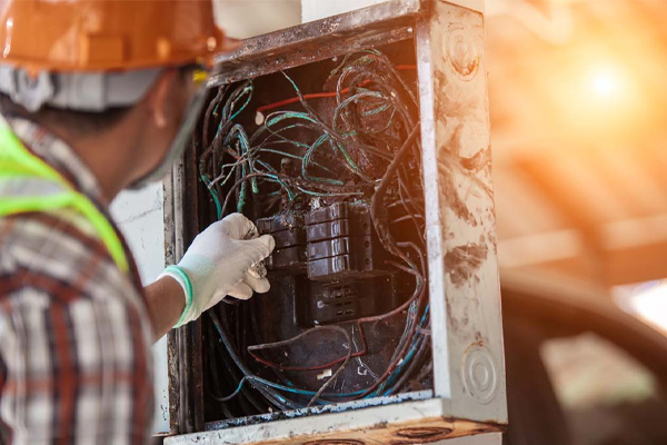 Technician Inspecting Fire-Damaged Fuse Box